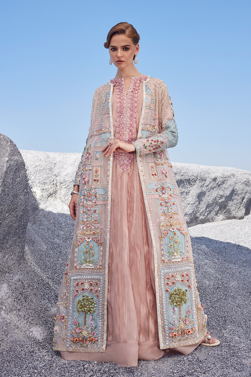 Ivory & Pink Embellished Organza Kalidar (3-Piece) - Image 1