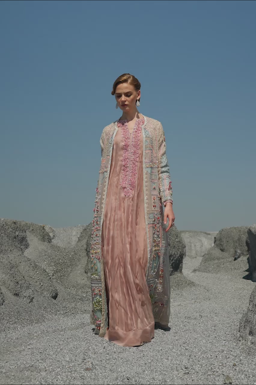 Pakistani Ivory & Pink Embellished Organza Kalidar (3-Piece) - Image 5