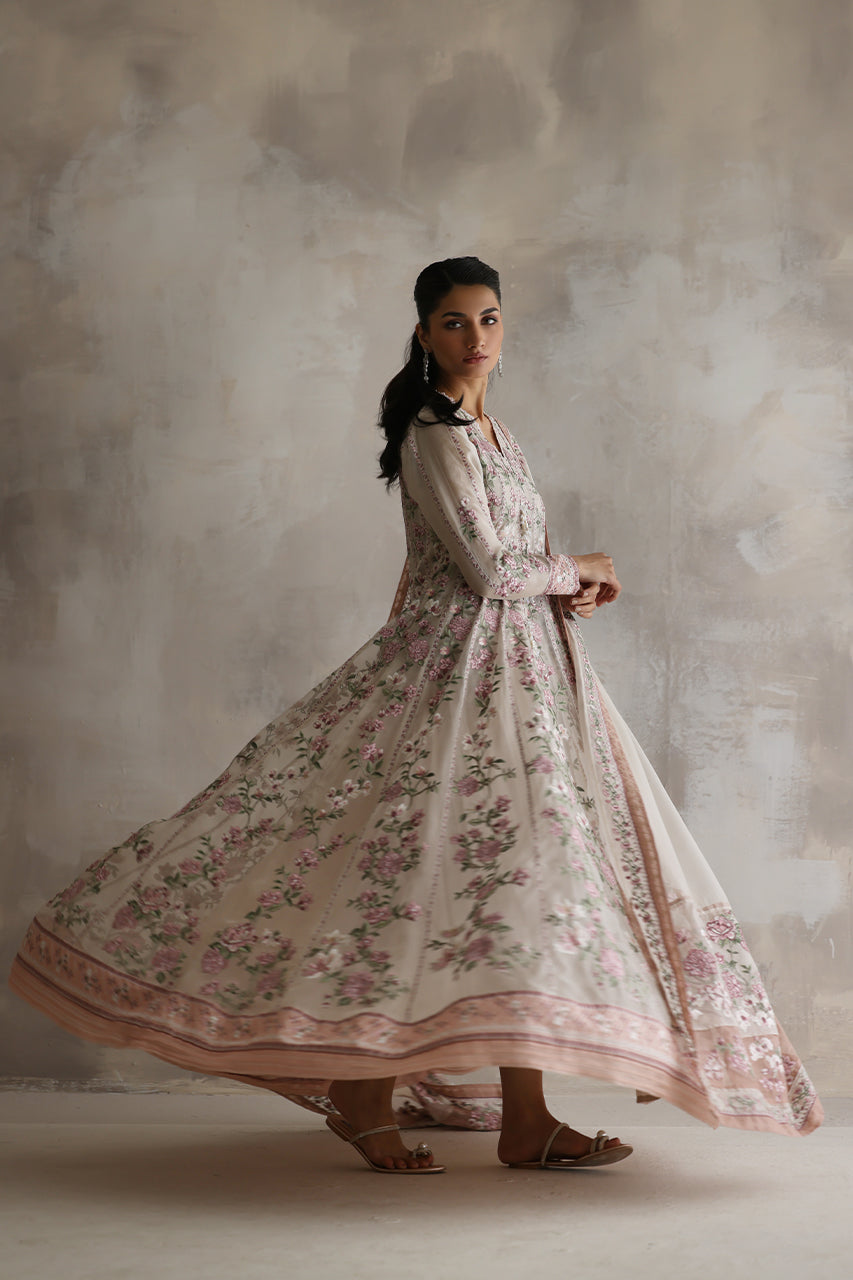 Pakistani Ivory Embroidered Organza Kalidaar Dress (3-Piece) - Image 4