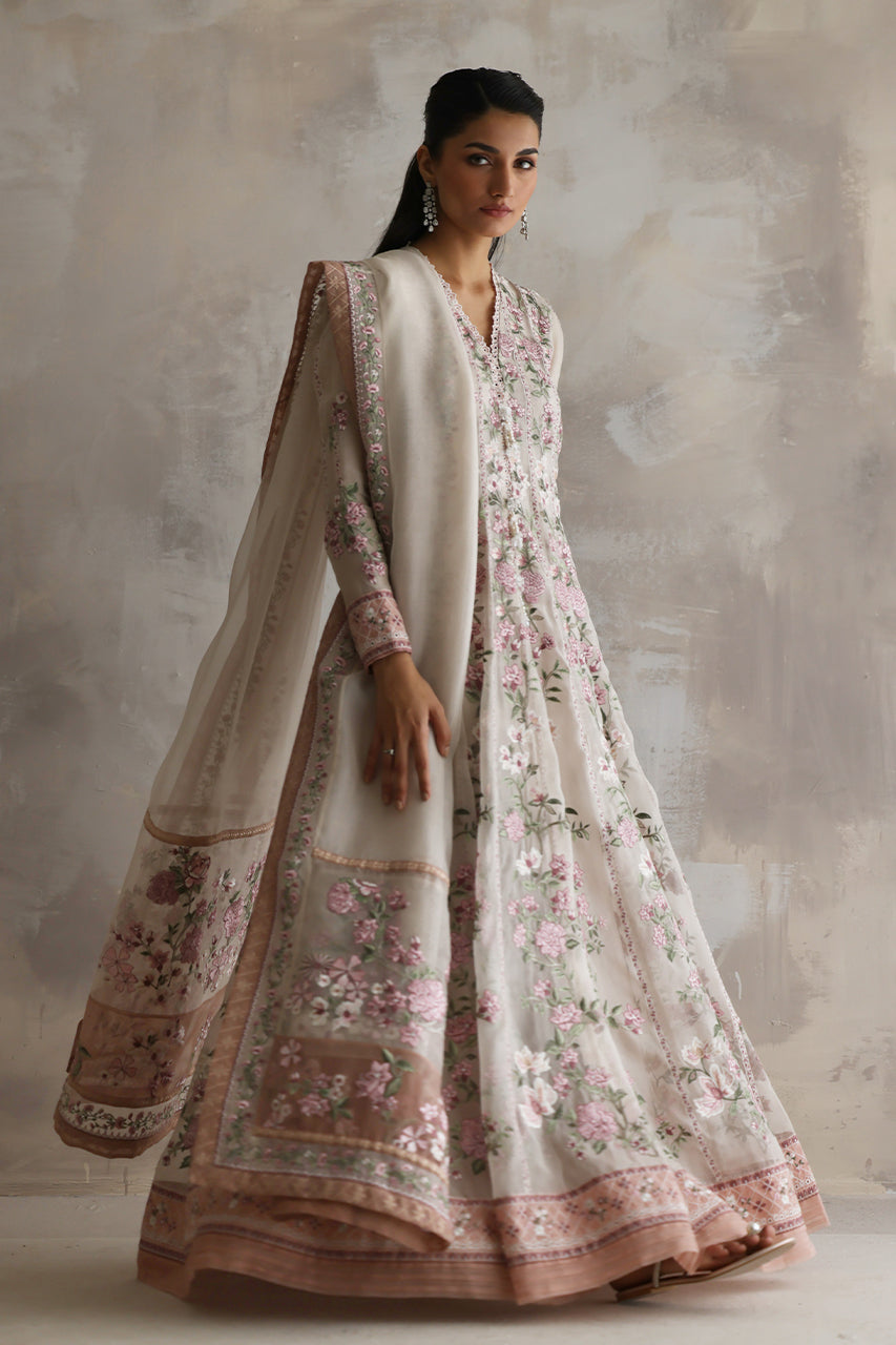 Pakistani Ivory Embroidered Organza Kalidaar Dress (3-Piece) - Image 5