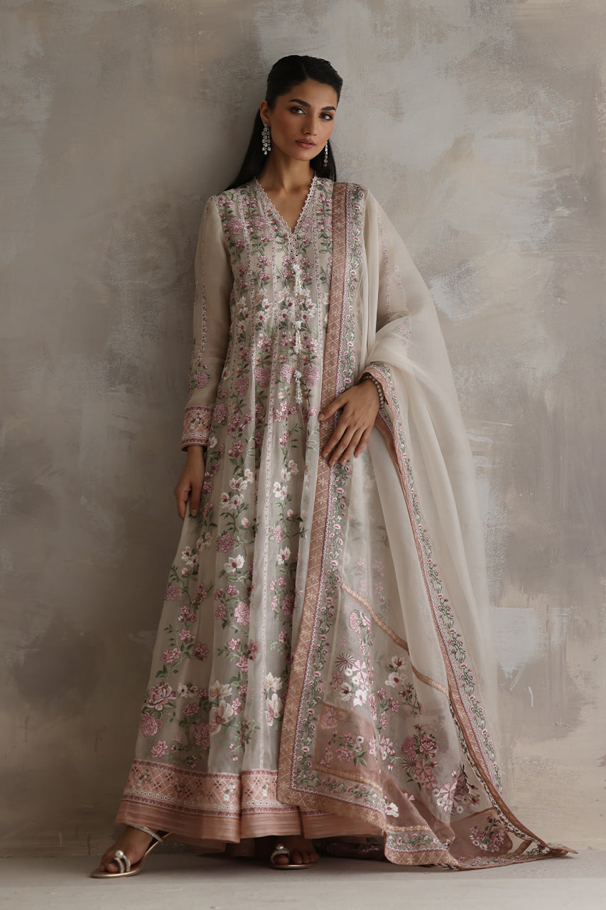Pakistani Ivory Embroidered Organza Kalidaar Dress (3-Piece) - Image 6
