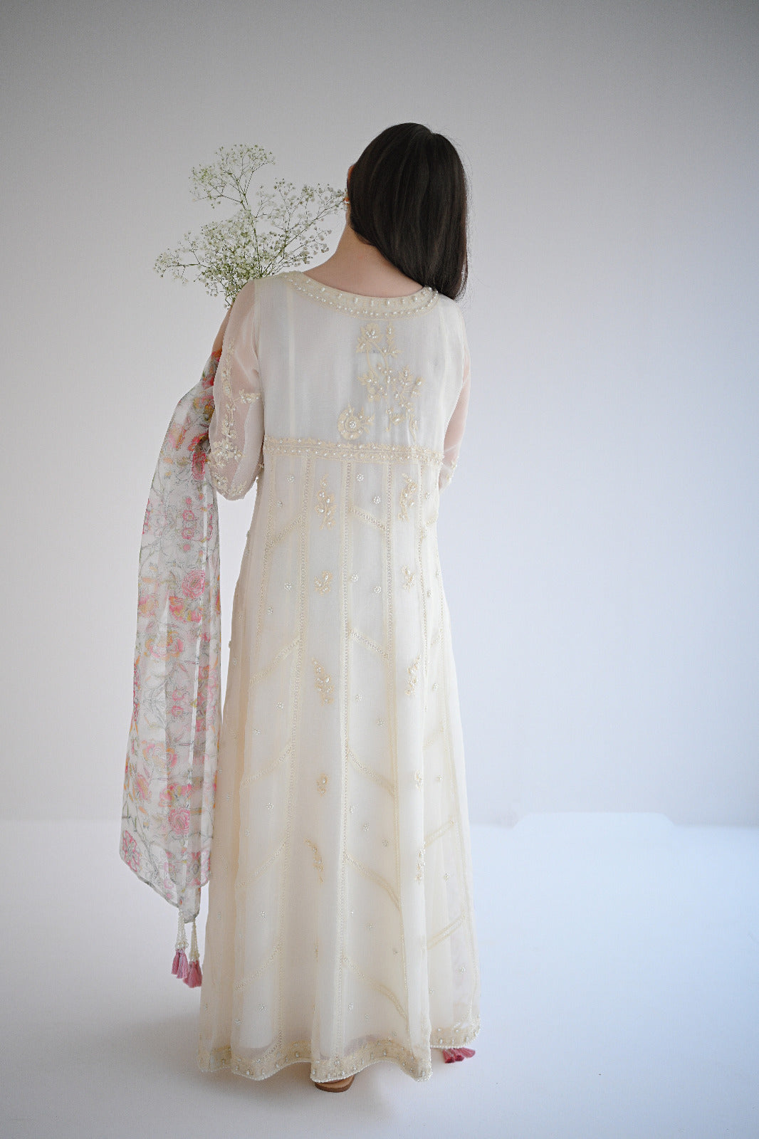 Ivory Pearl Embroidered Pure Organza Kalidaar (3-Piece) - Image 3