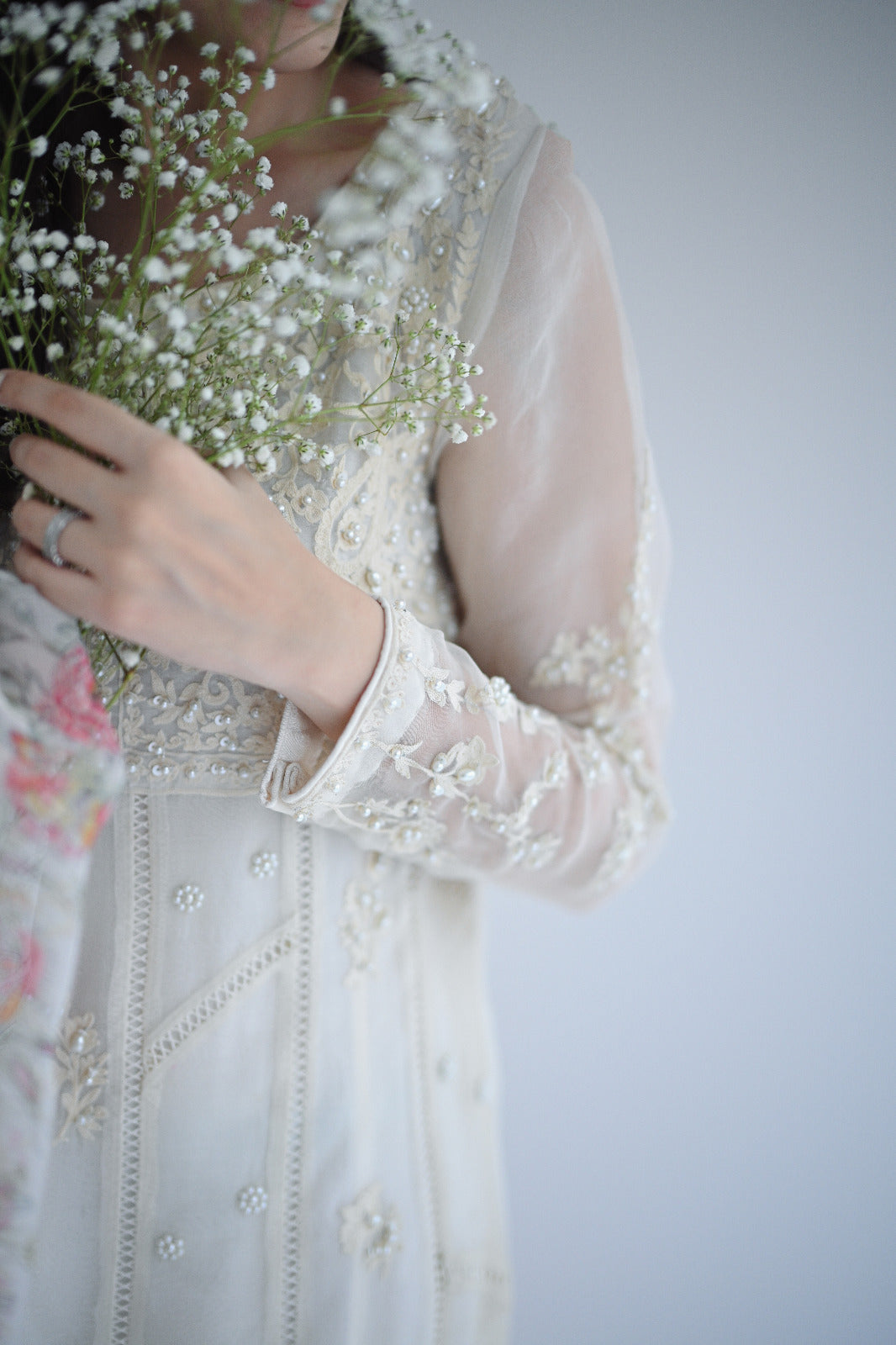 Ivory Pearl Embroidered Pure Organza Kalidaar (3-Piece) - Image 4