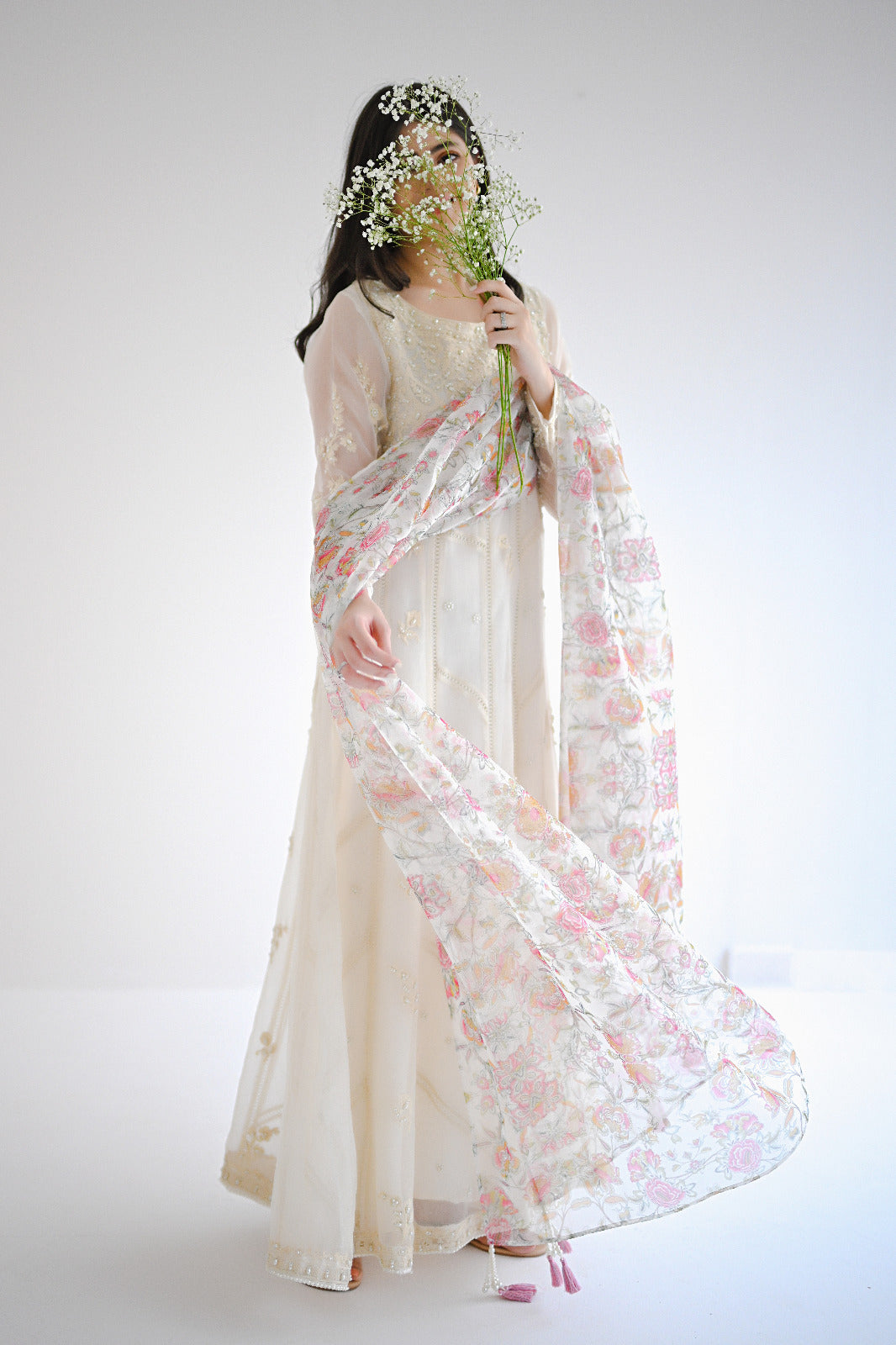 Ivory Pearl Embroidered Pure Organza Kalidaar (3-Piece) - Image 8