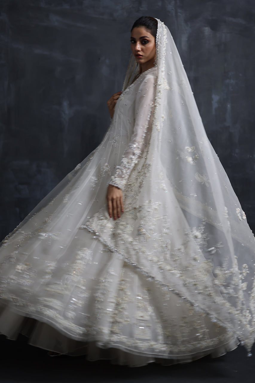 Pakistani Off-White Zardozi Organza Kalidaar Dress (3-Piece) - Image 4