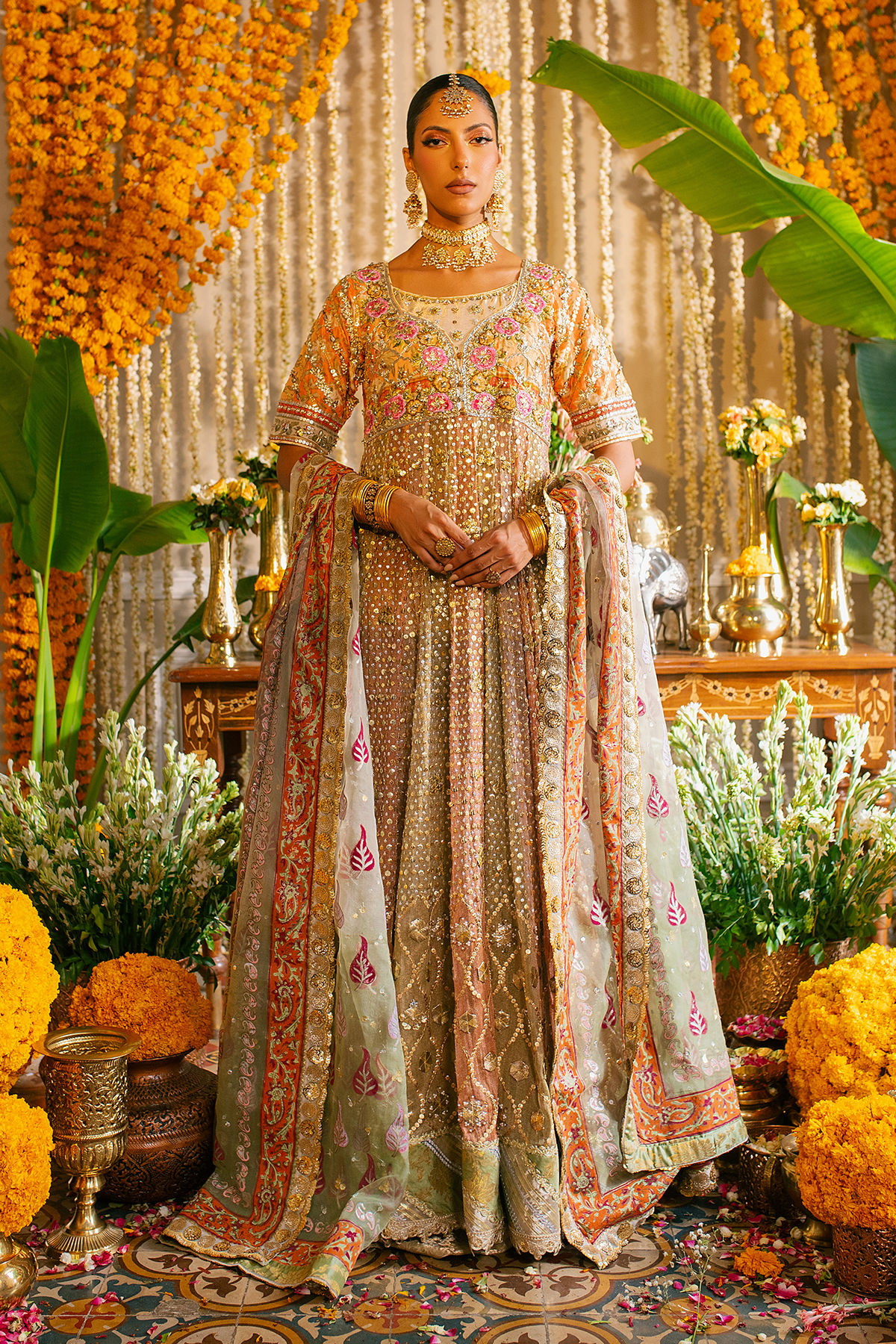 Pakistani Pastel Zardozi Gota Net Kalidar Dress (2-Piece) - Image 1