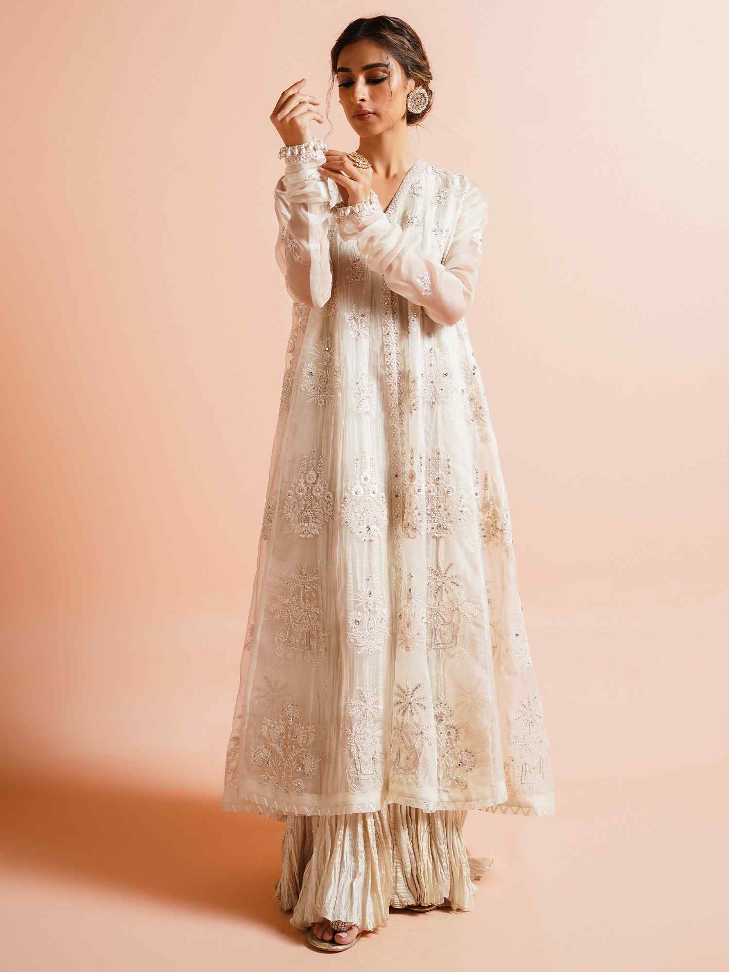 Pakistani Ivory Zardozi Organza & Silk Kalidar (2-Piece) - Image 1