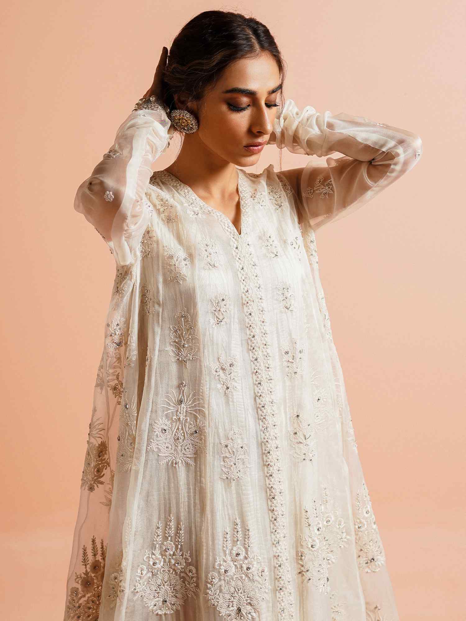 Pakistani Ivory Zardozi Organza & Silk Kalidar (2-Piece) - Image 2