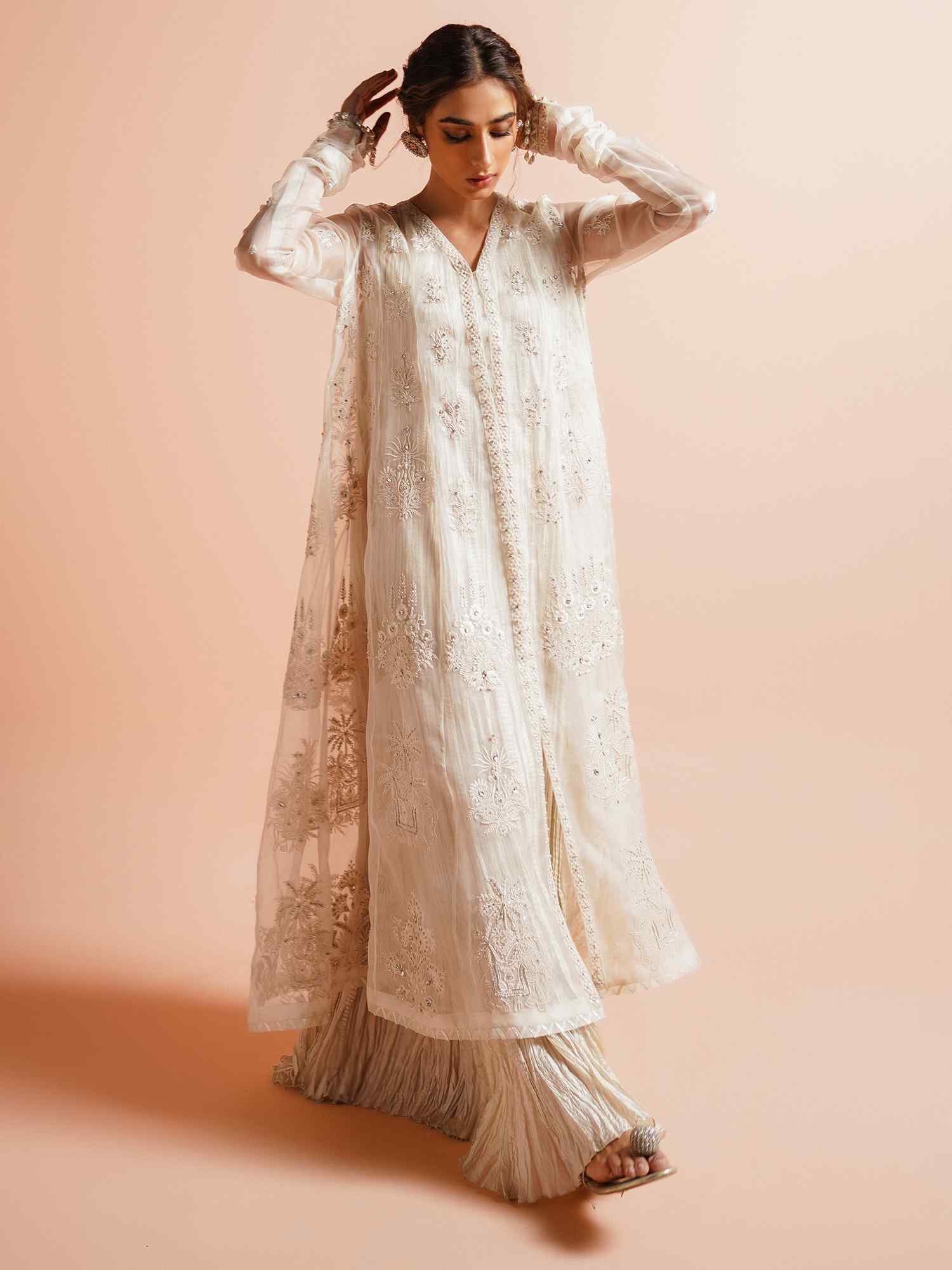 Pakistani Ivory Zardozi Organza & Silk Kalidar (2-Piece) - Image 4