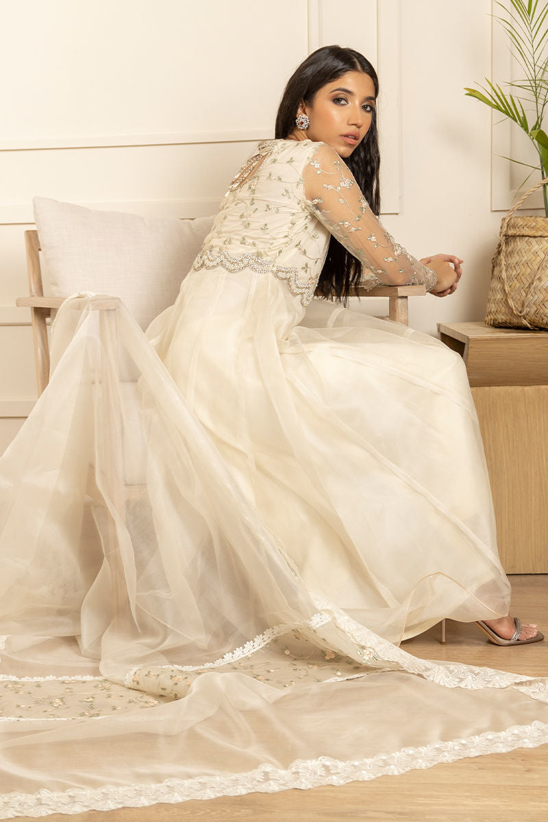 Pakistani Ivory Zardozi Embroidered Organza Kalidar (2-Piece) - Image 4