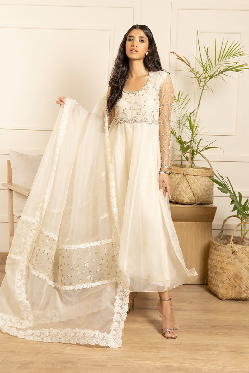 Pakistani Ivory Zardozi Embroidered Organza Kalidar (2-Piece) - Image 5