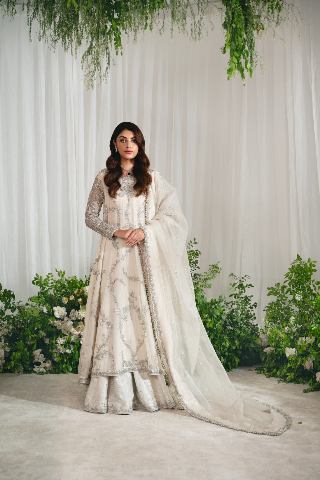 Pakistani Ivory Silver Ada Work Pure Tissue Kalidaar (3-Piece) - Image 1