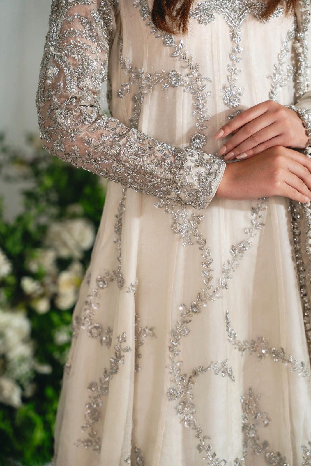 Pakistani Ivory Silver Ada Work Pure Tissue Kalidaar (3-Piece) - Image 2