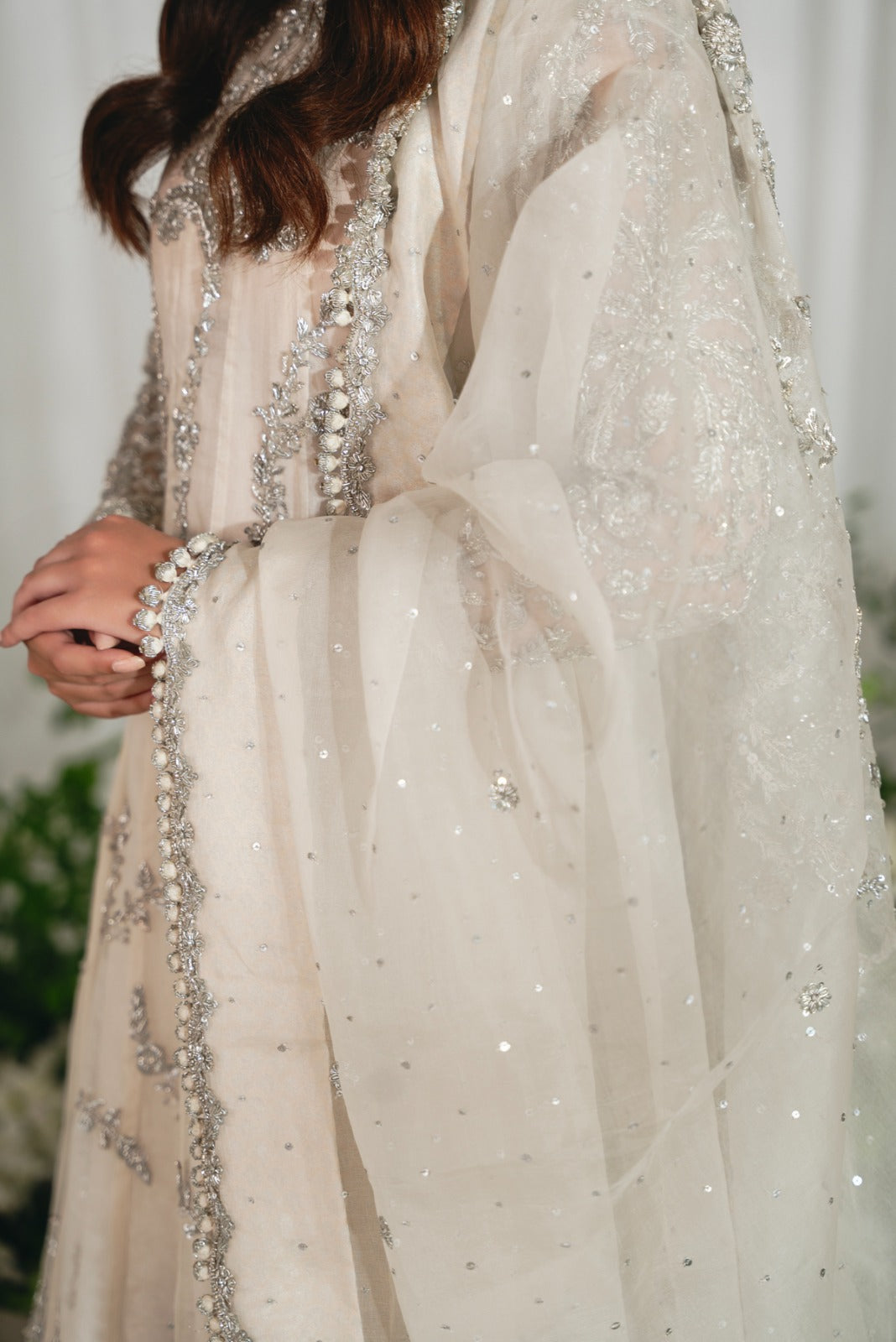 Pakistani Ivory Silver Ada Work Pure Tissue Kalidaar (3-Piece) - Image 3