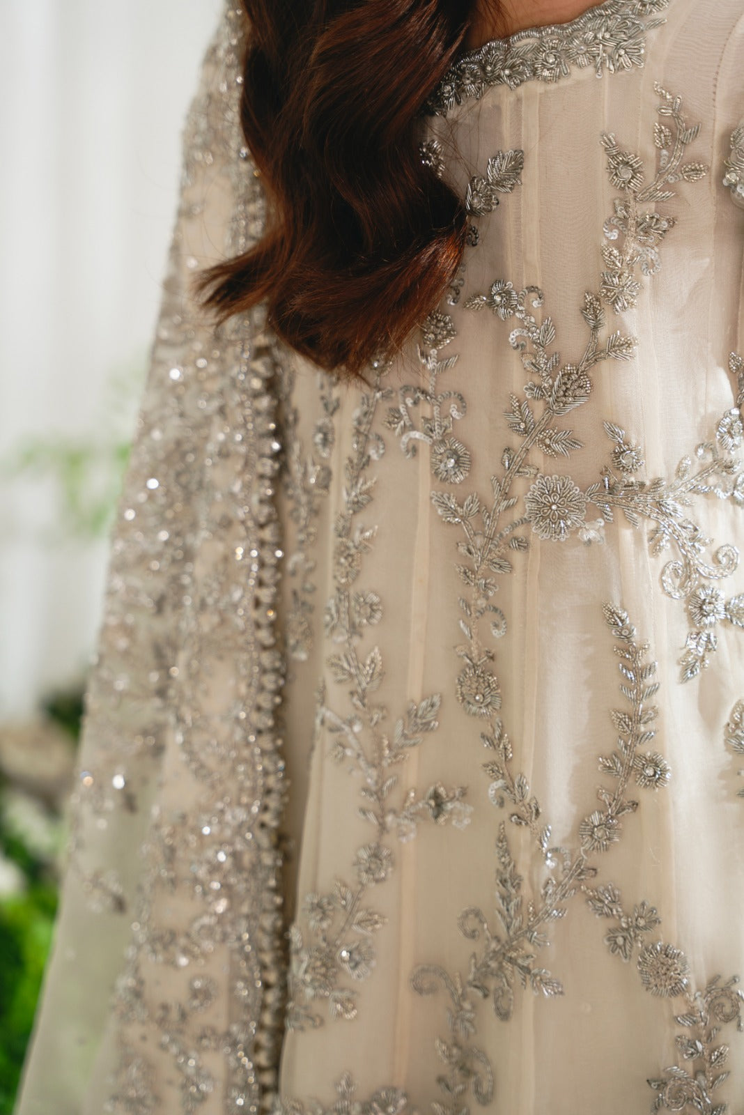 Pakistani Ivory Silver Ada Work Pure Tissue Kalidaar (3-Piece) - Image 6