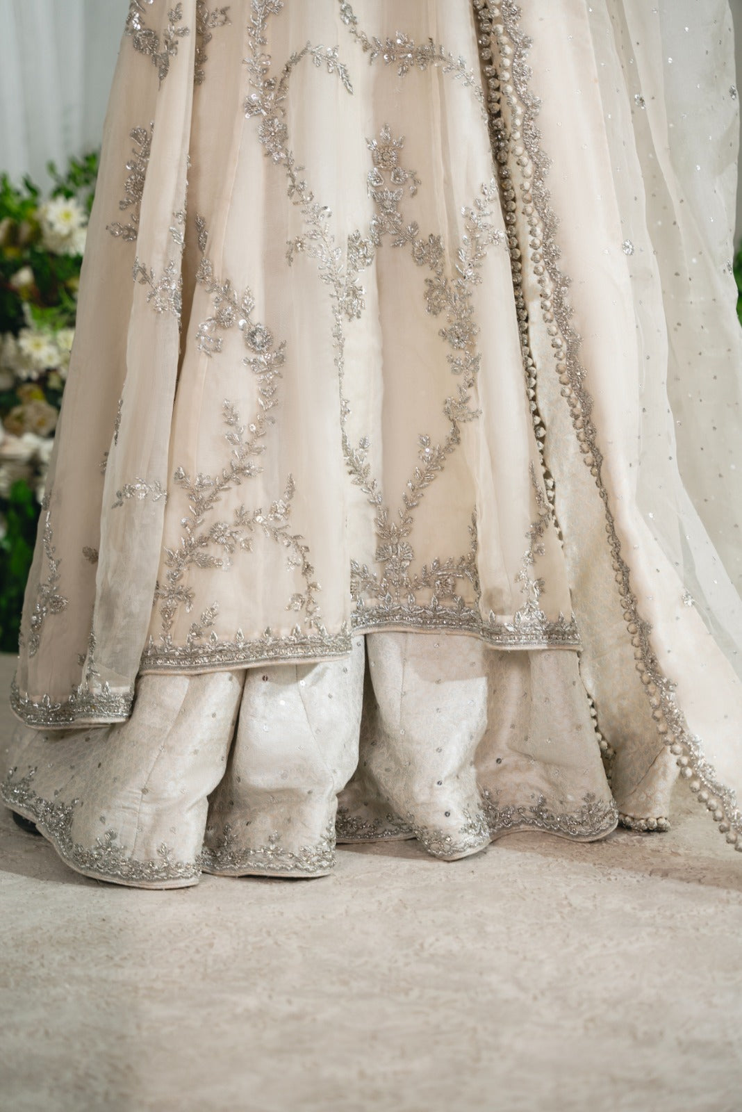 Pakistani Ivory Silver Ada Work Pure Tissue Kalidaar (3-Piece) - Image 7