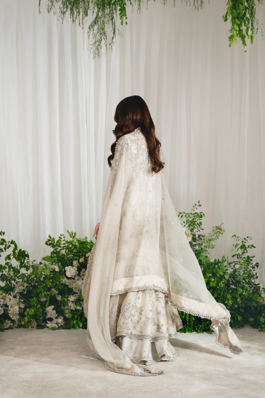 Pakistani Ivory Silver Ada Work Pure Tissue Kalidaar (3-Piece) - Image 8