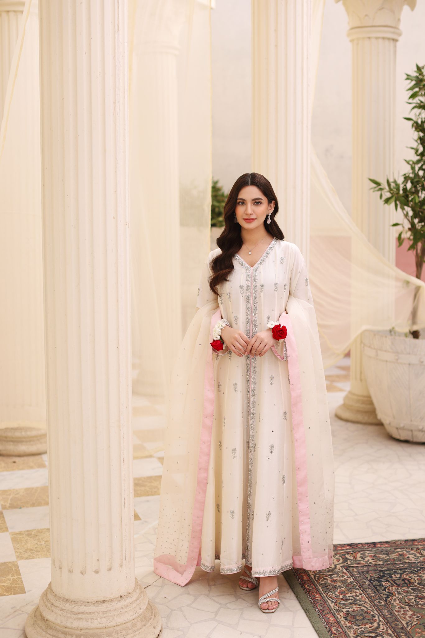 Pakistani Ivory Zardozi Raw Silk Kalidaar Dress (3-Piece) - Image 1