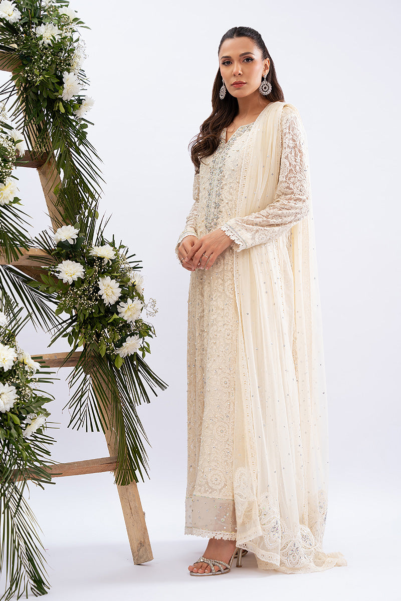 Pakistani Ivory Embellished Schiffli Kalidar Dress (3-Piece) - Image 1