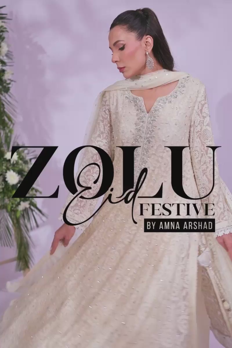 Pakistani Ivory Embellished Schiffli Kalidar Dress (3-Piece) - Image 10