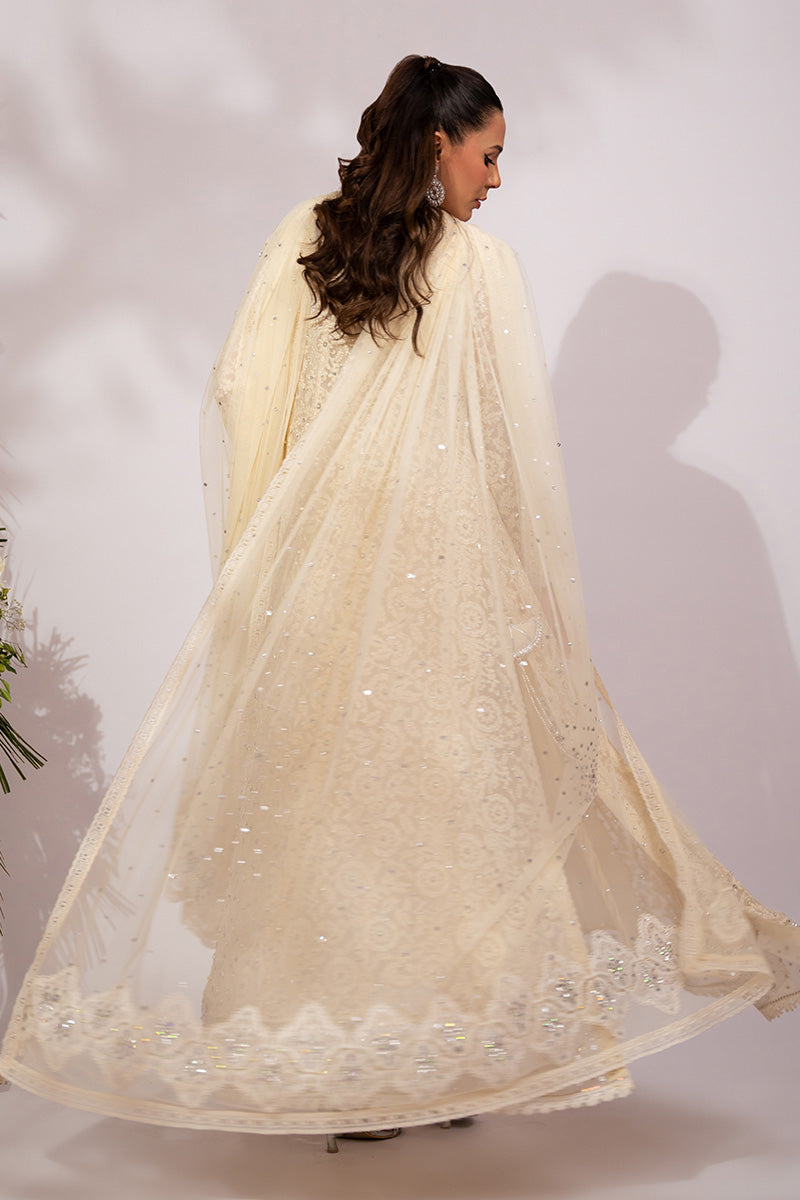 Pakistani Ivory Embellished Schiffli Kalidar Dress (3-Piece) - Image 2