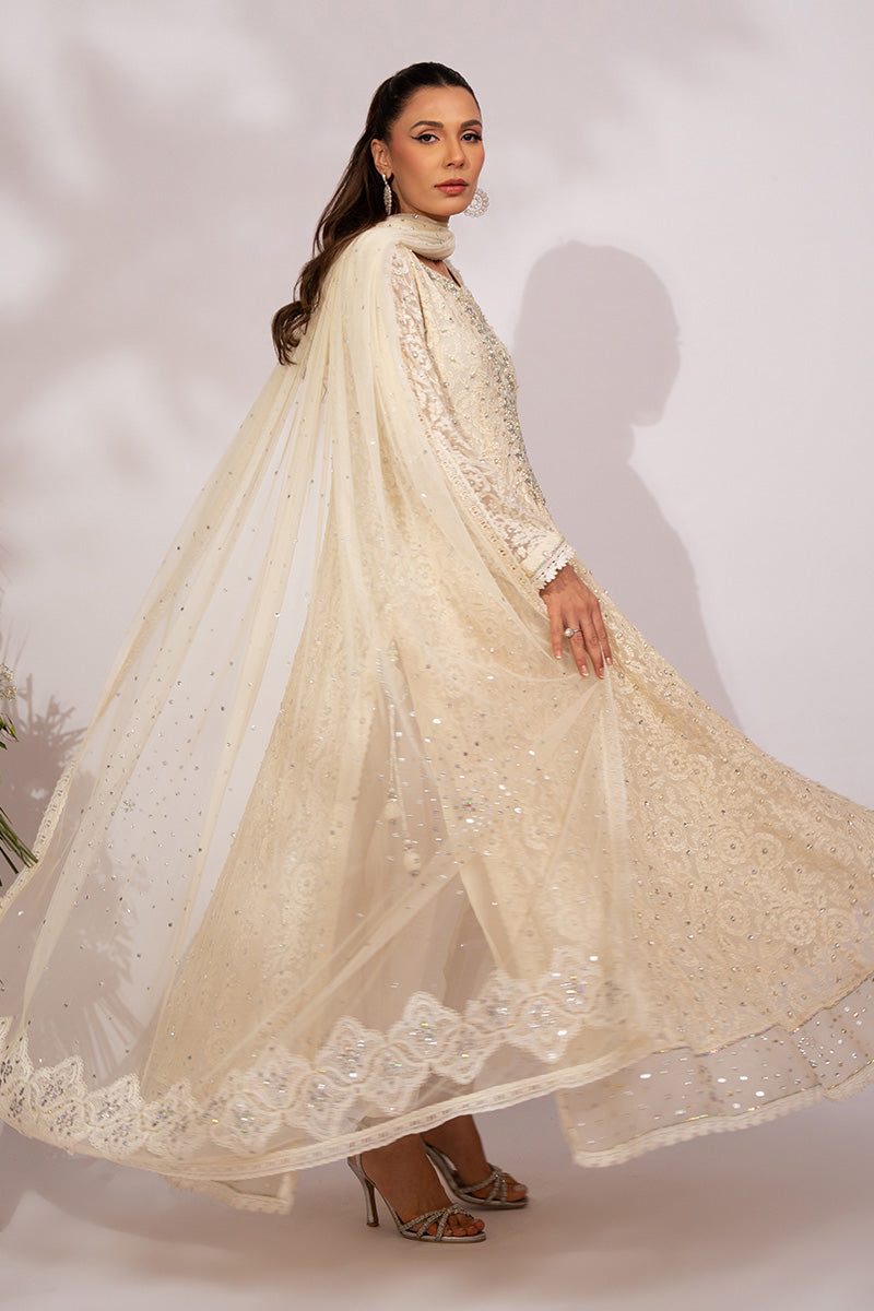 Pakistani Ivory Embellished Schiffli Kalidar Dress (3-Piece) - Image 4