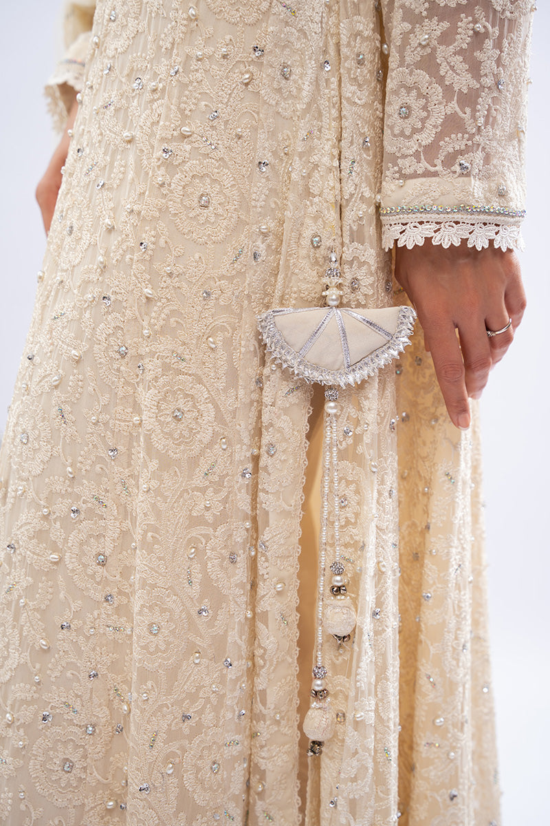 Pakistani Ivory Embellished Schiffli Kalidar Dress (3-Piece) - Image 9