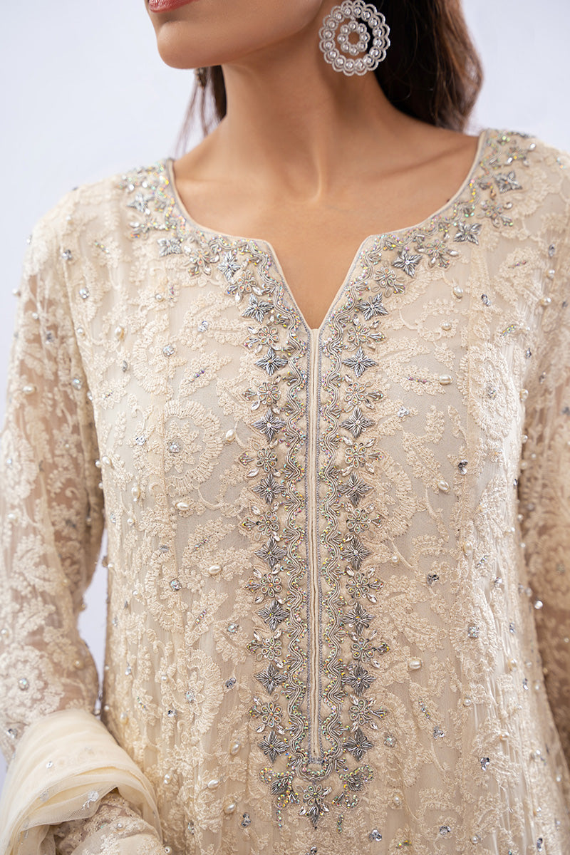 Pakistani Ivory Embellished Schiffli Kalidar Dress (3-Piece) - Image 3