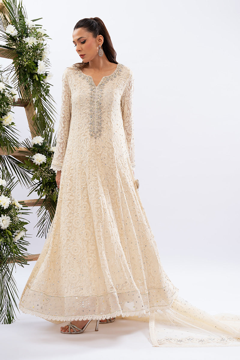 Pakistani Ivory Embellished Schiffli Kalidar Dress (3-Piece) - Image 5