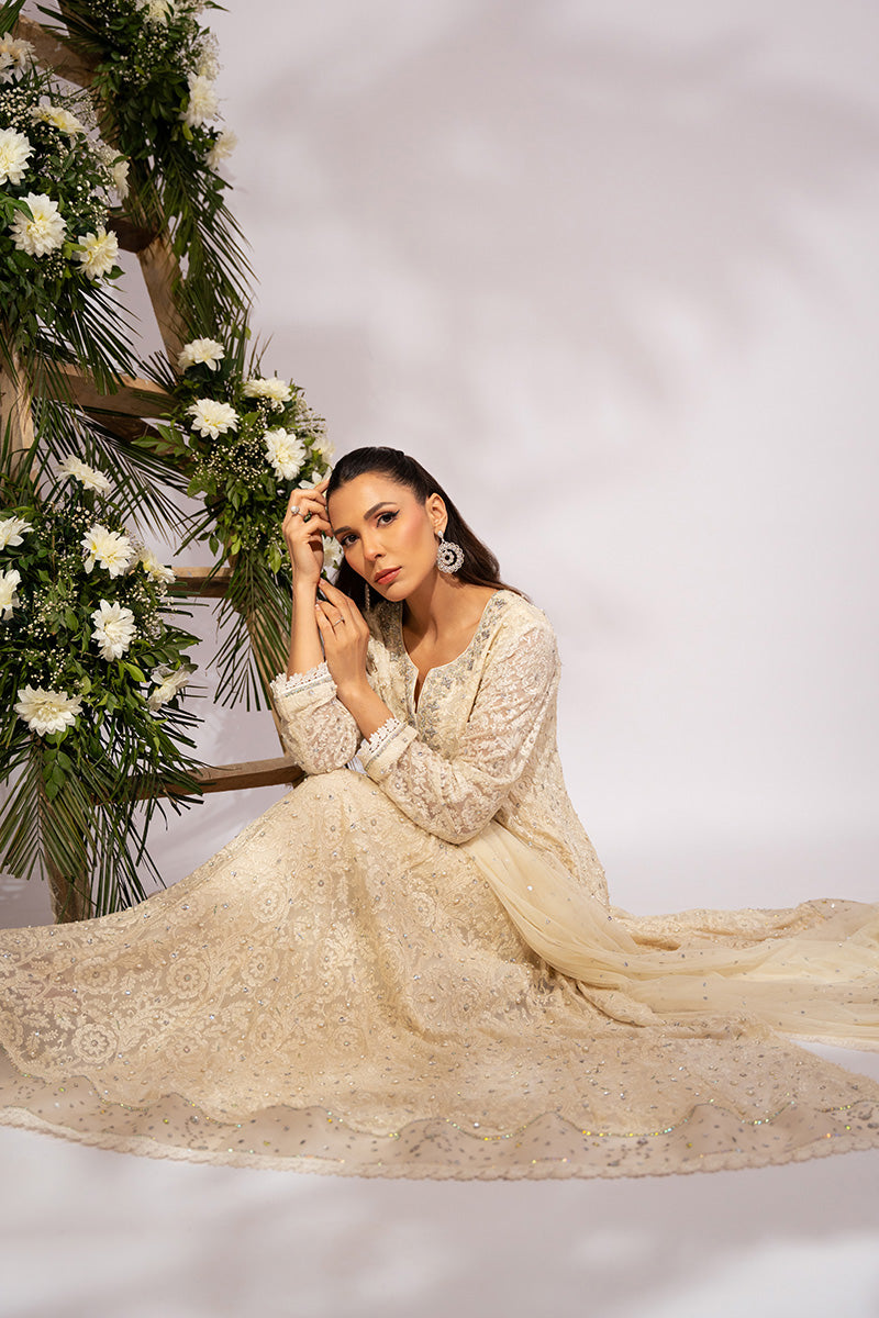 Pakistani Ivory Embellished Schiffli Kalidar Dress (3-Piece) - Image 6