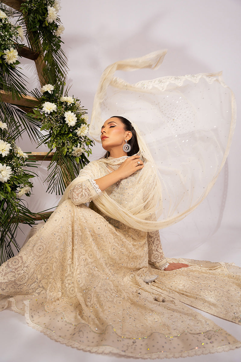 Pakistani Ivory Embellished Schiffli Kalidar Dress (3-Piece) - Image 8