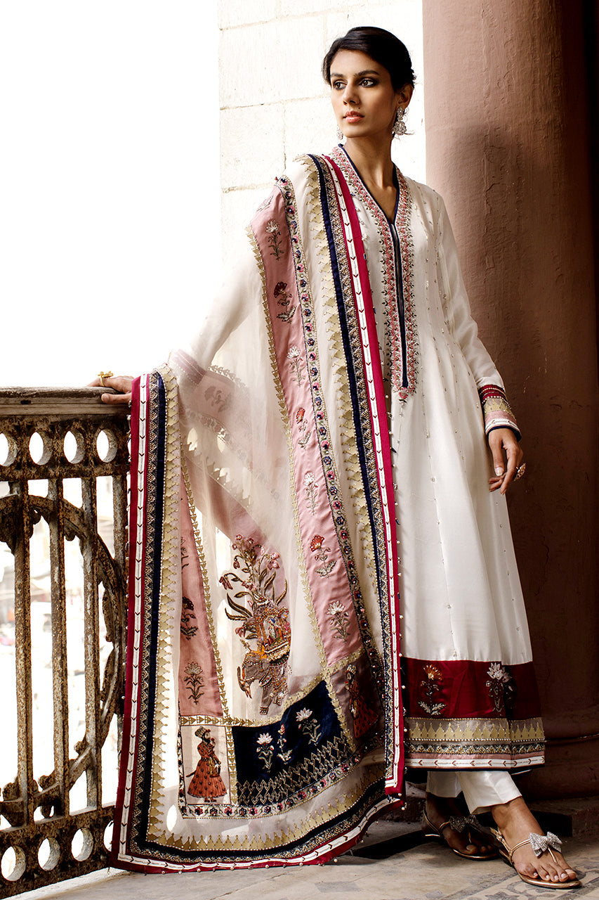 Off-White Embroidered Pure Silk Kalidaar (3-Piece) - Image 1