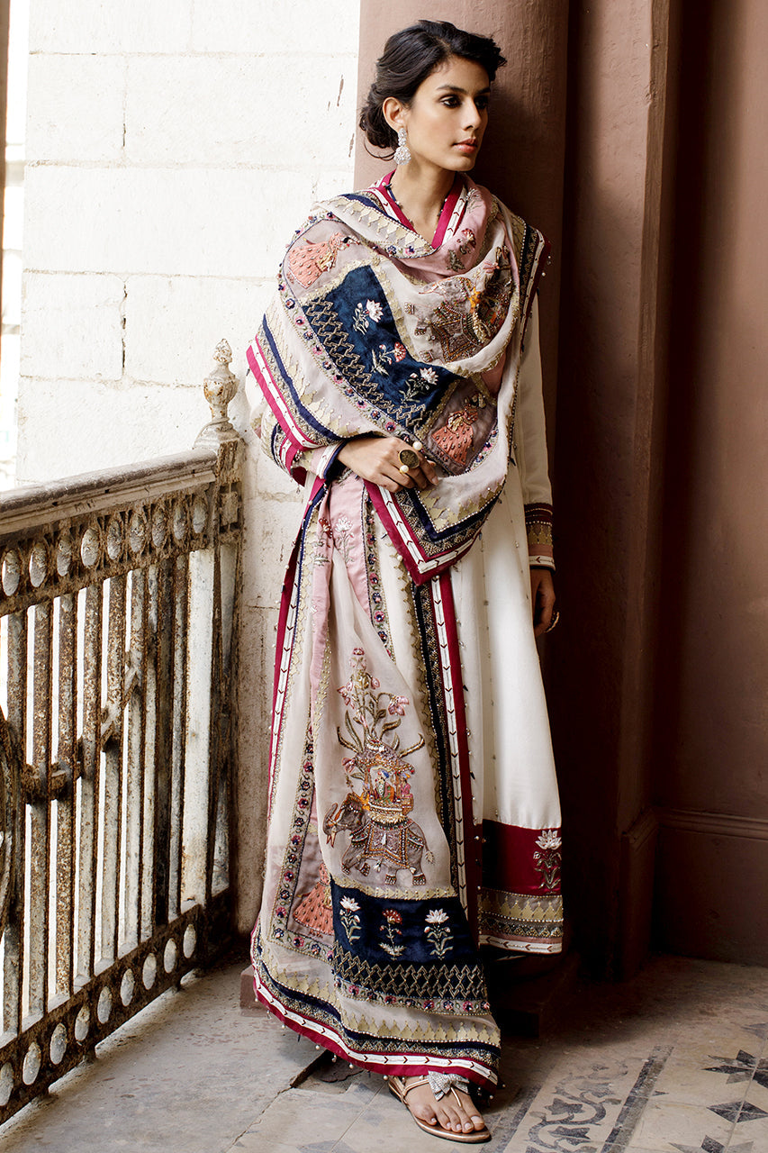 Off-White Embroidered Pure Silk Kalidaar (3-Piece) - Image 2