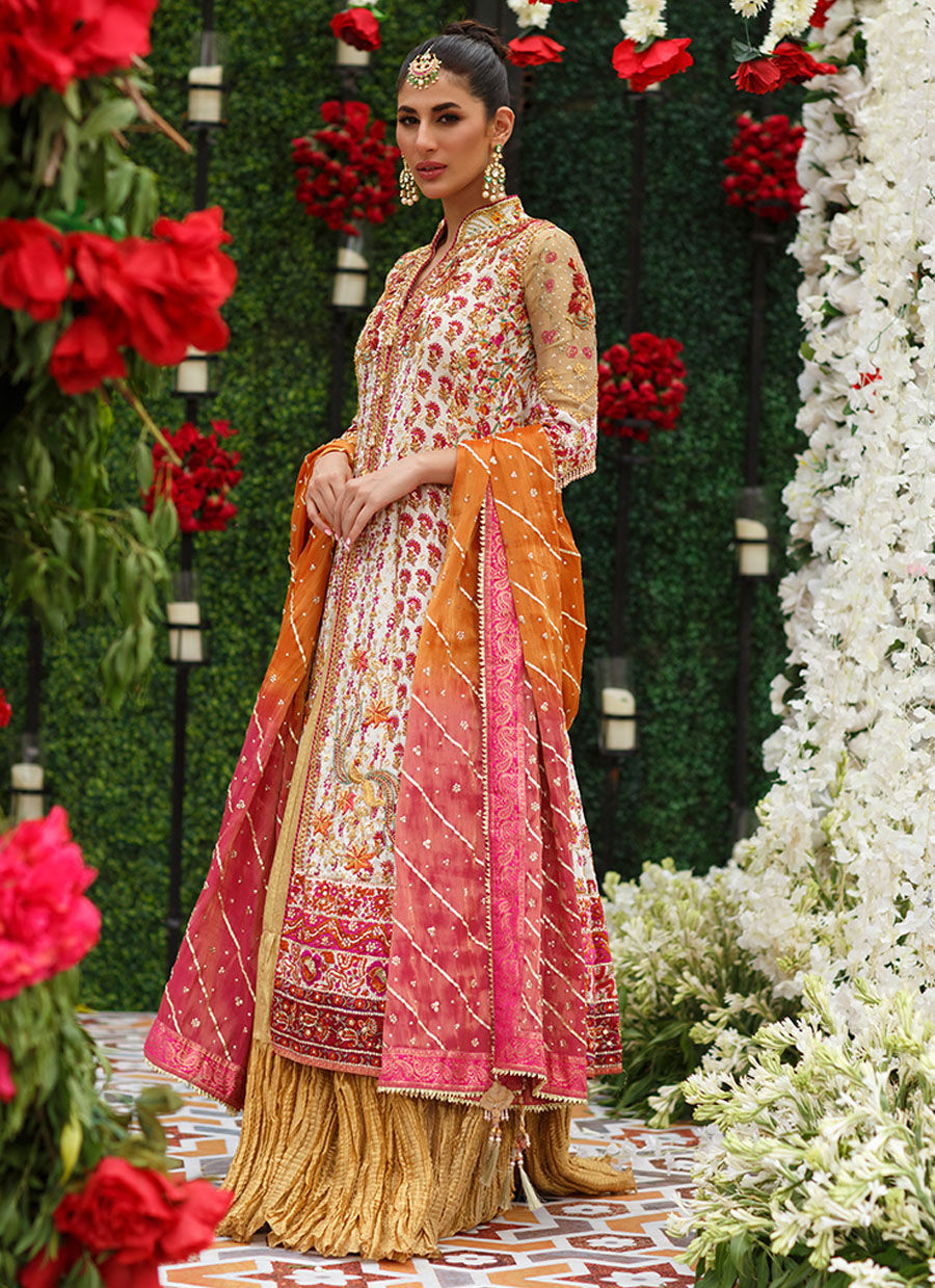 Pakistani Ivory Embroidered Silk Kalidaar Dress (3-Piece) - Image 1