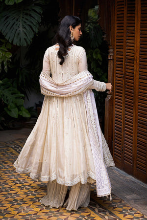 Pakistani Ivory Ari Embroidered Pure Silk Net Kalidar (3-Piece) - Image 2