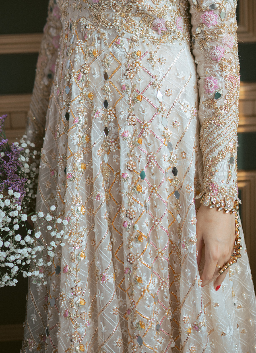 Pakistani Ivory Gold Embroidered Tissue Kalidaar Maxi (2-Piece) - Image 6