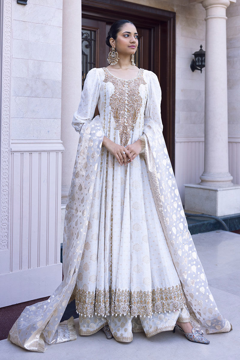 Off-White Zari Cotton Net Kalidaar (3-Piece) - Image 1