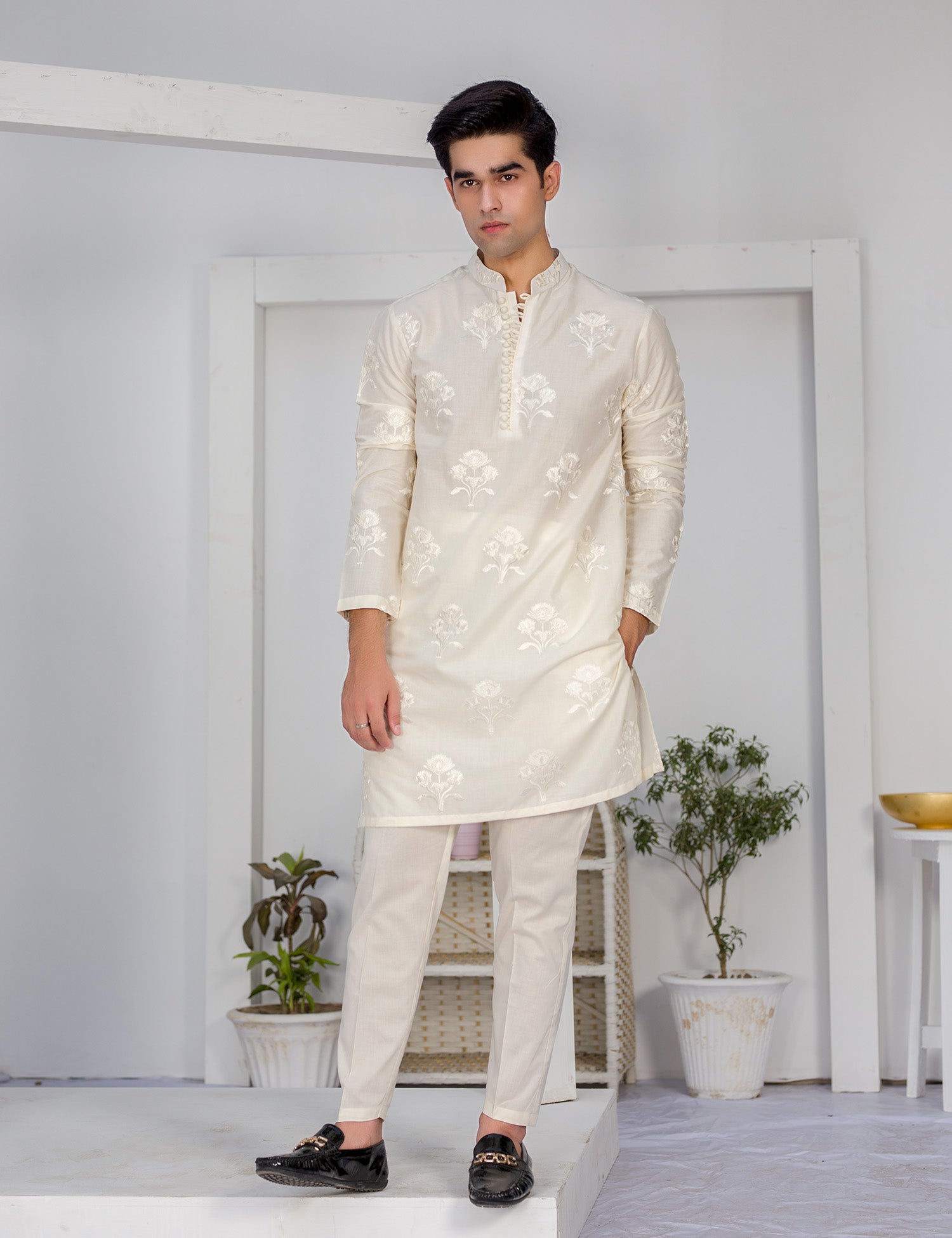 Off-White Embroidered Cotton Kurta Trouser (2-Piece) - Image 1