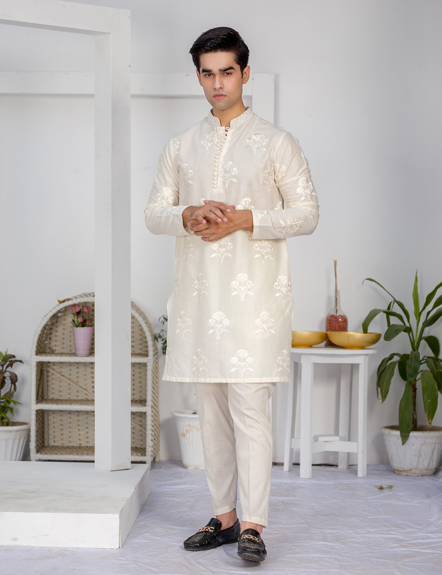 Off-White Embroidered Cotton Kurta Trouser (2-Piece) - Image 2