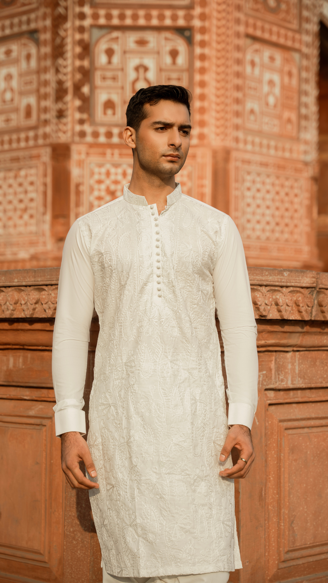 Off White Chikankari Embroidered Cotton-Silk Kurta (2-Piece) - Image 1