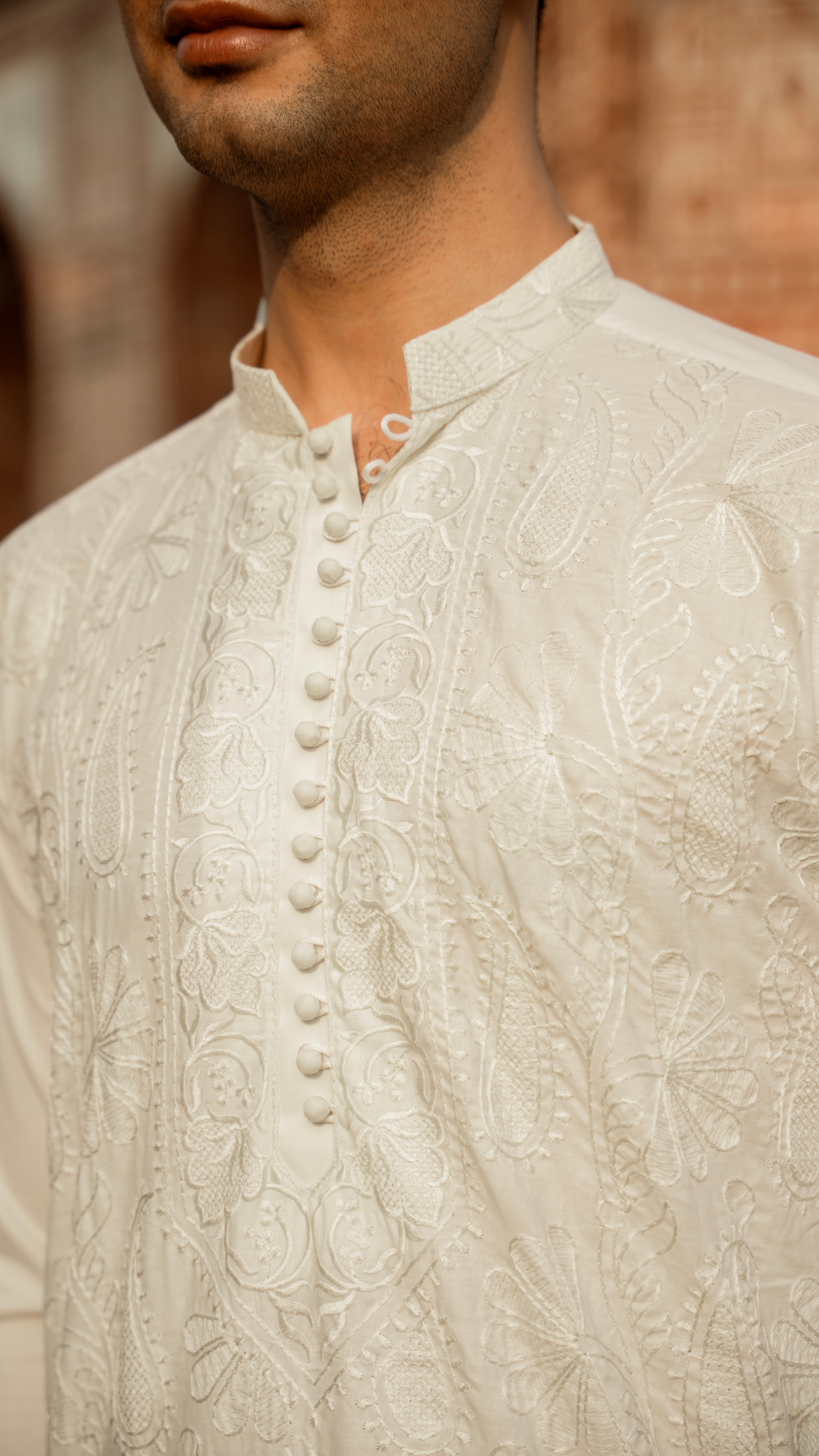 Off White Chikankari Embroidered Cotton-Silk Kurta (2-Piece) - Image 3