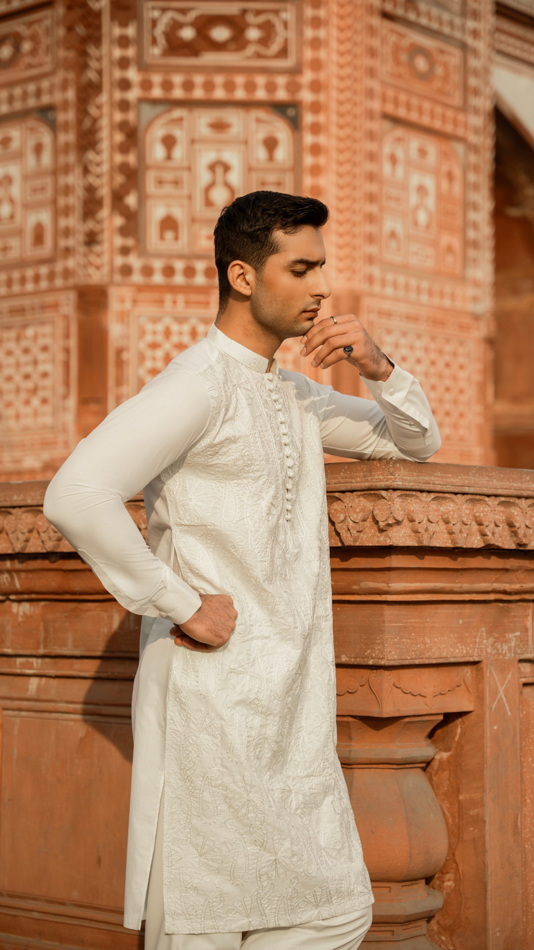 Off White Chikankari Embroidered Cotton-Silk Kurta (2-Piece) - Image 5