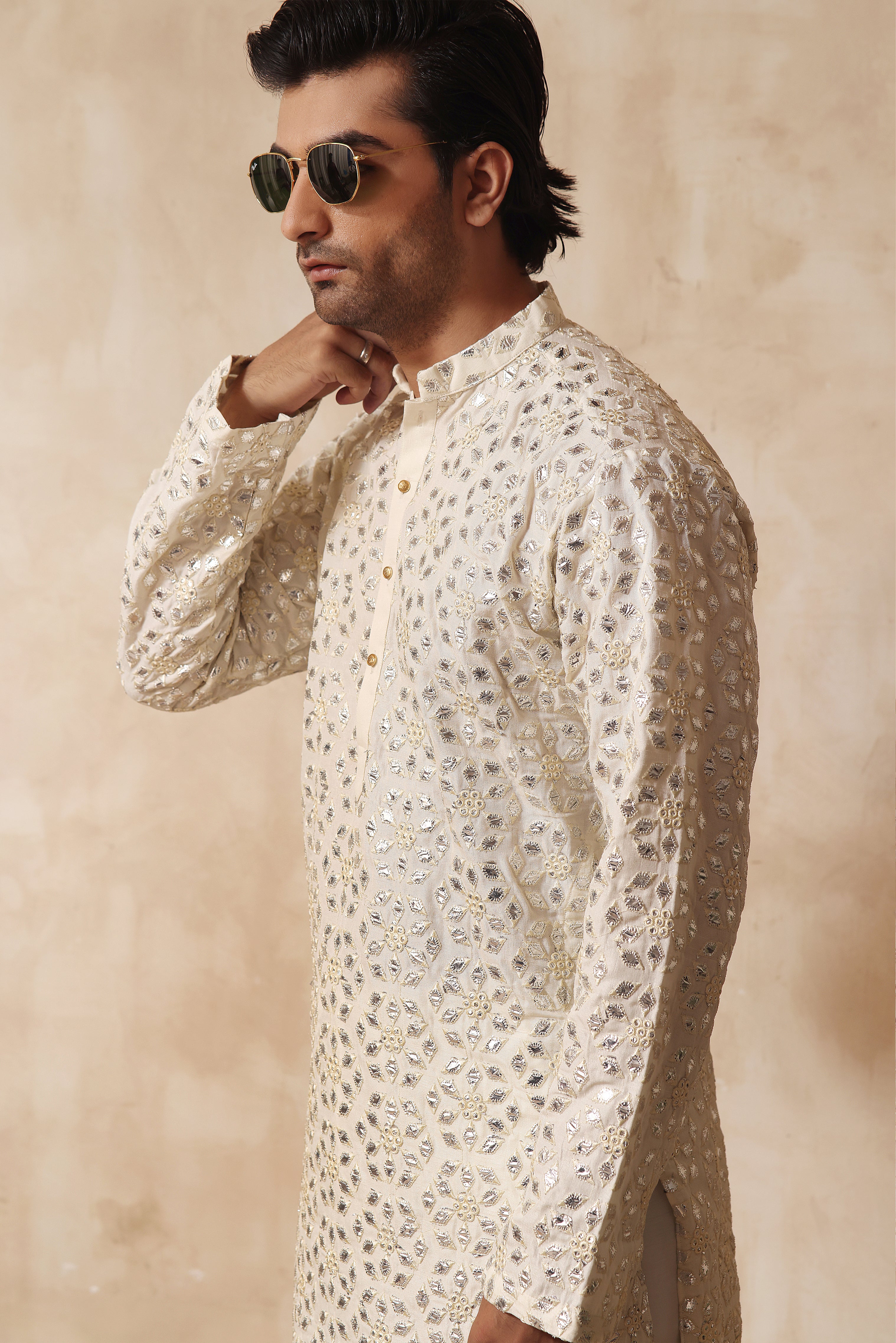Off-White Resham & Mirror Embroidered Cotton Silk Kurta (2-Piece) - Image 1