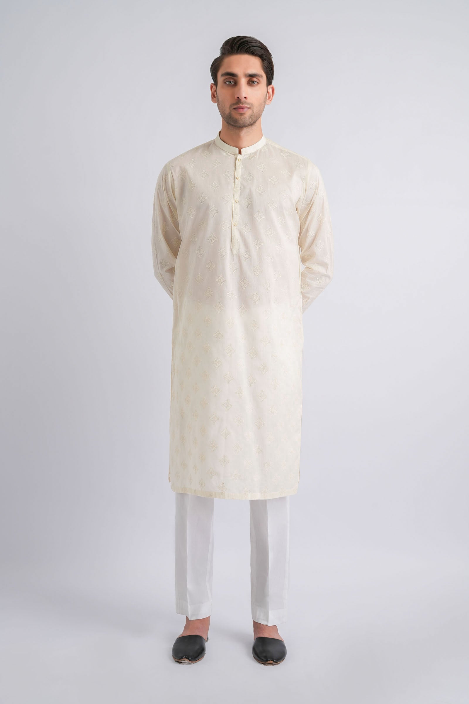 Cream Embroidered Egyptian Cotton Kurta (2-Piece) - Image 1