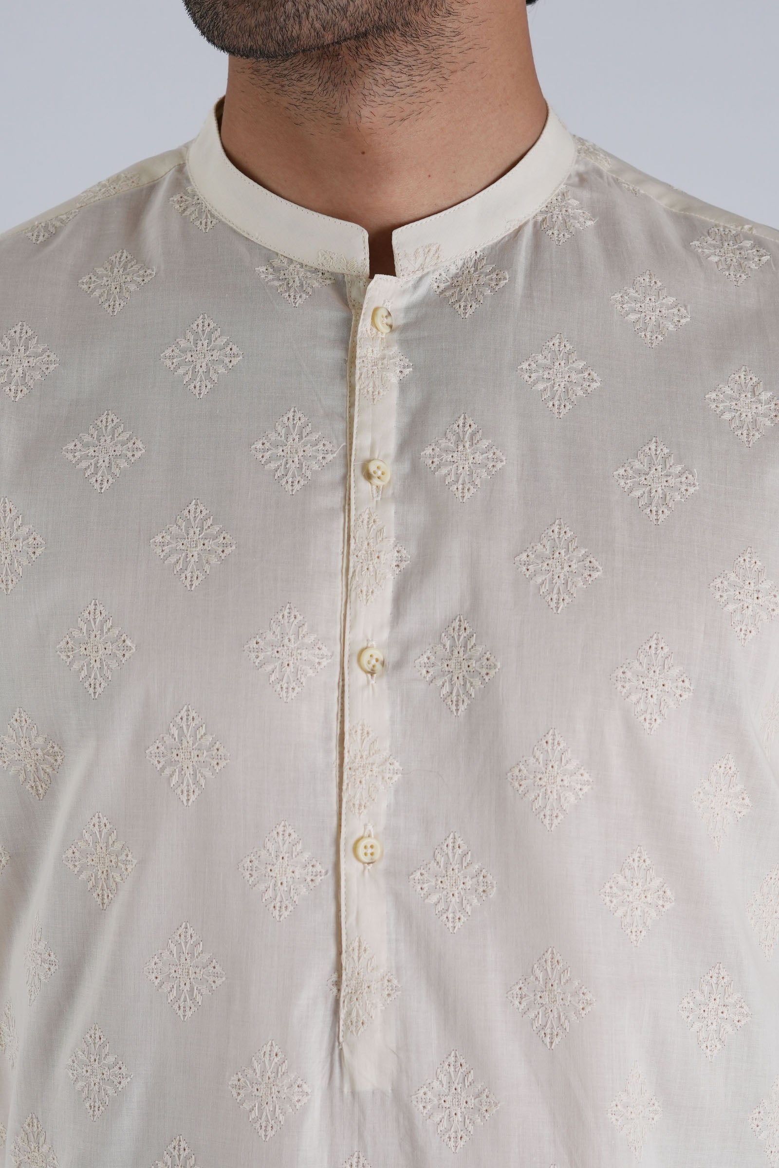 Cream Embroidered Egyptian Cotton Kurta (2-Piece) - Image 2