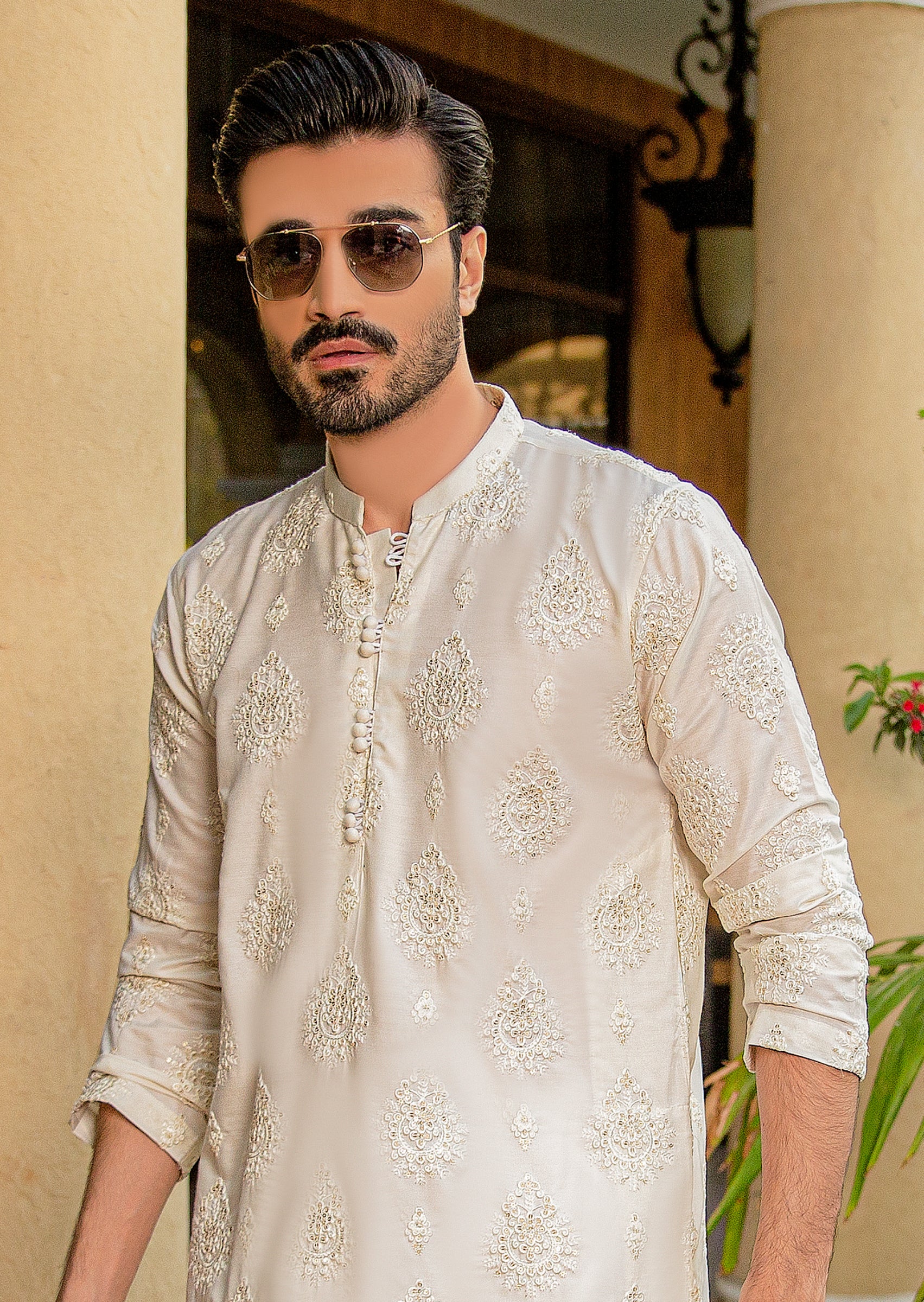Off-White Embroidered Fancy Fabric Kurta Pajama (2-Piece) - Image 2