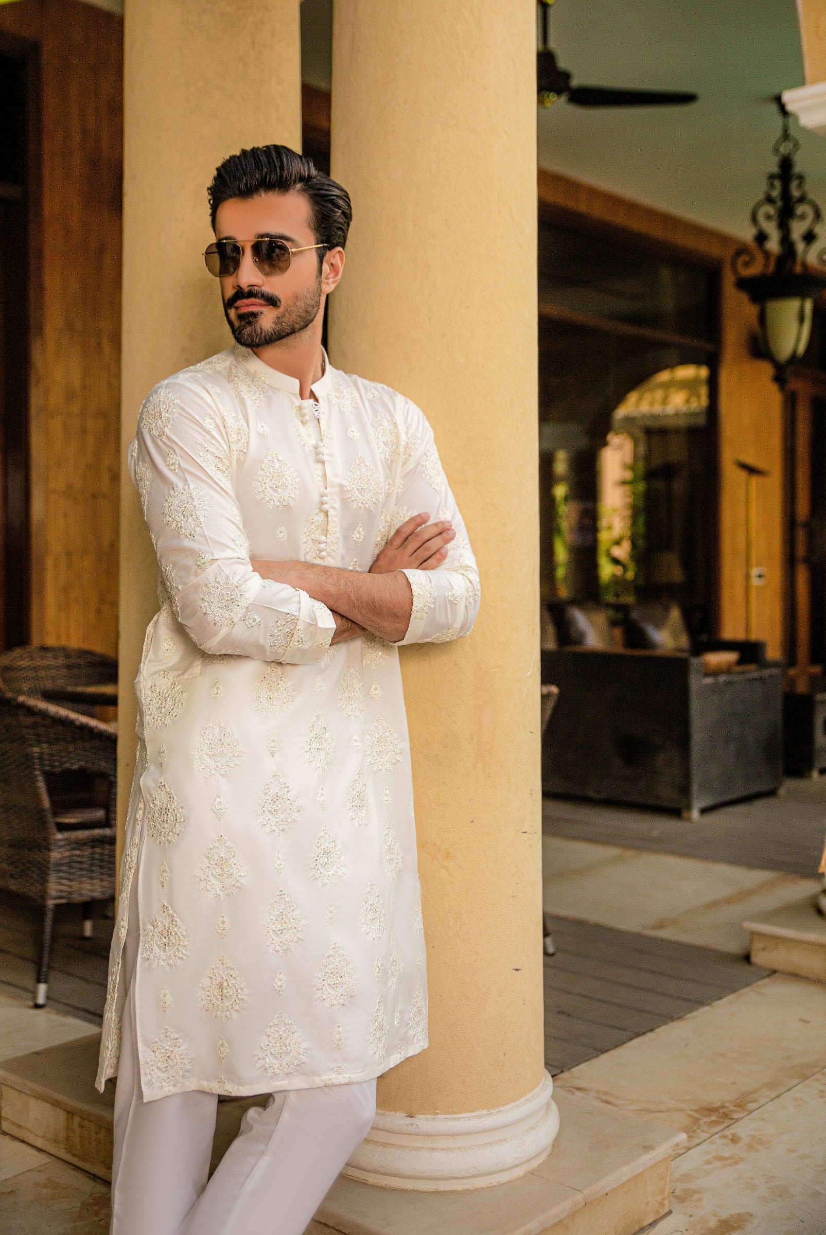 Off-White Embroidered Fancy Fabric Kurta Pajama (2-Piece) - Image 3