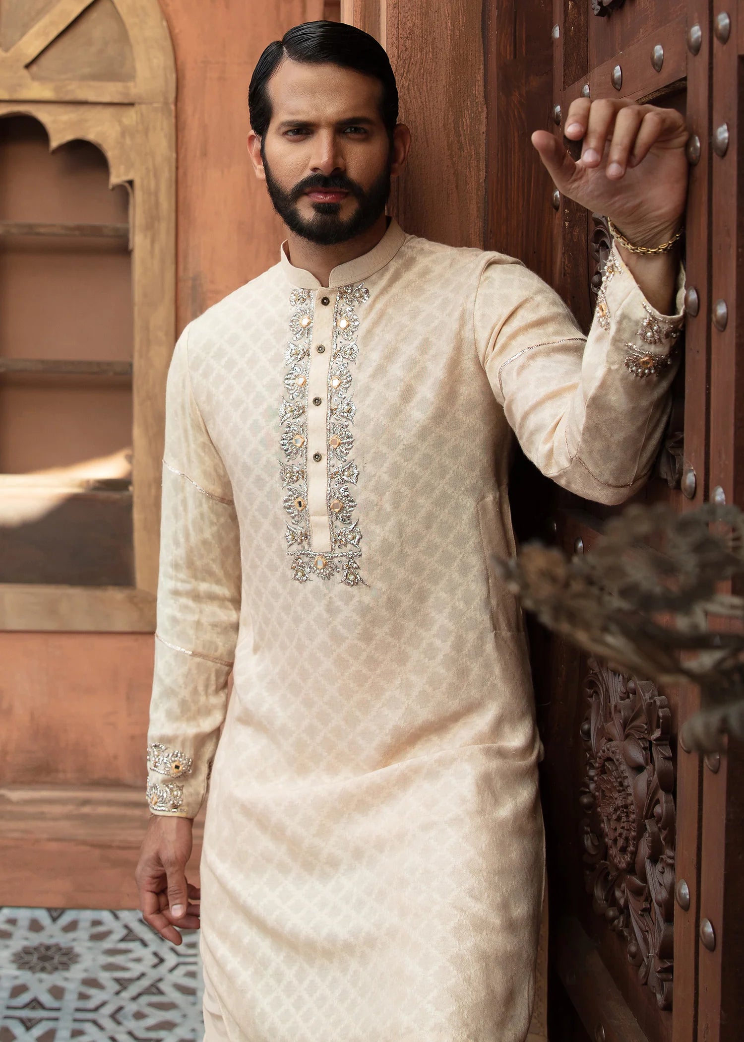 Ivory Embroidered Jacquard Kurta (2-Piece) - Image 2