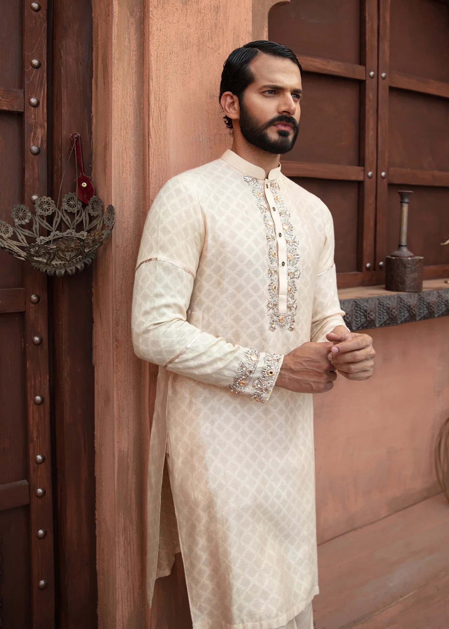 Ivory Embroidered Jacquard Kurta (2-Piece) - Image 3