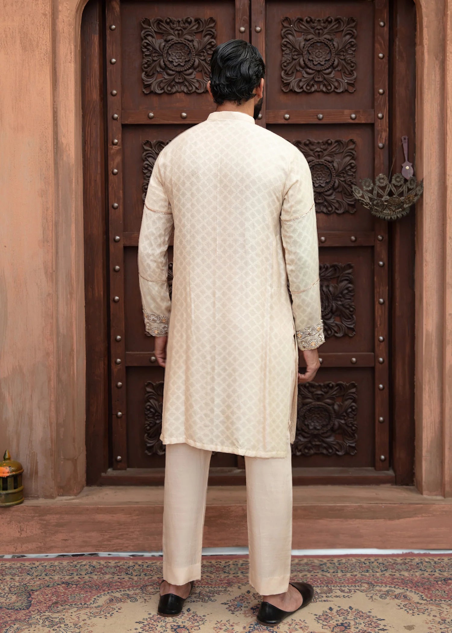 Ivory Embroidered Jacquard Kurta (2-Piece) - Image 4